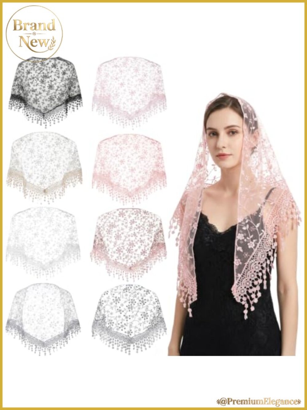 8 Pack Triangle Lace Chapel Veils Catholic Mantilla Head Covering Floral Fringe